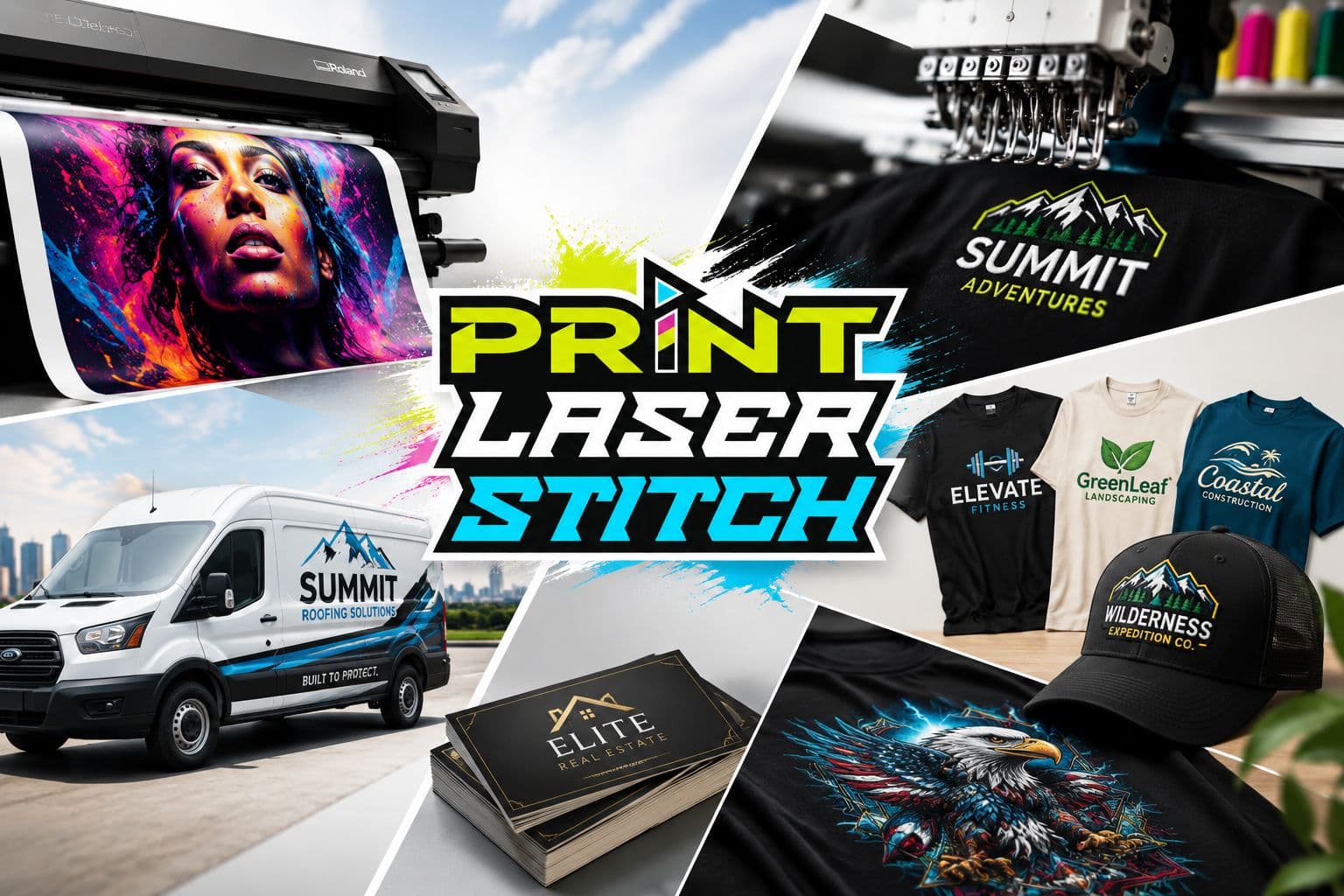 Print Laser Stitch — printing, embroidery, vehicle wraps, apparel and engraving samples